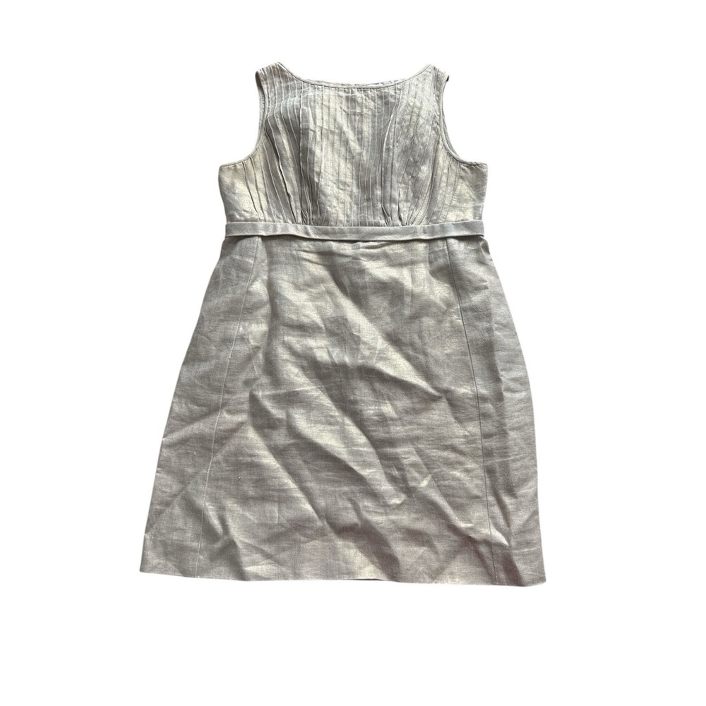 Shoshanna Linen Shift Dress Womens 12‎ Beige Gold Metallic Pleated
